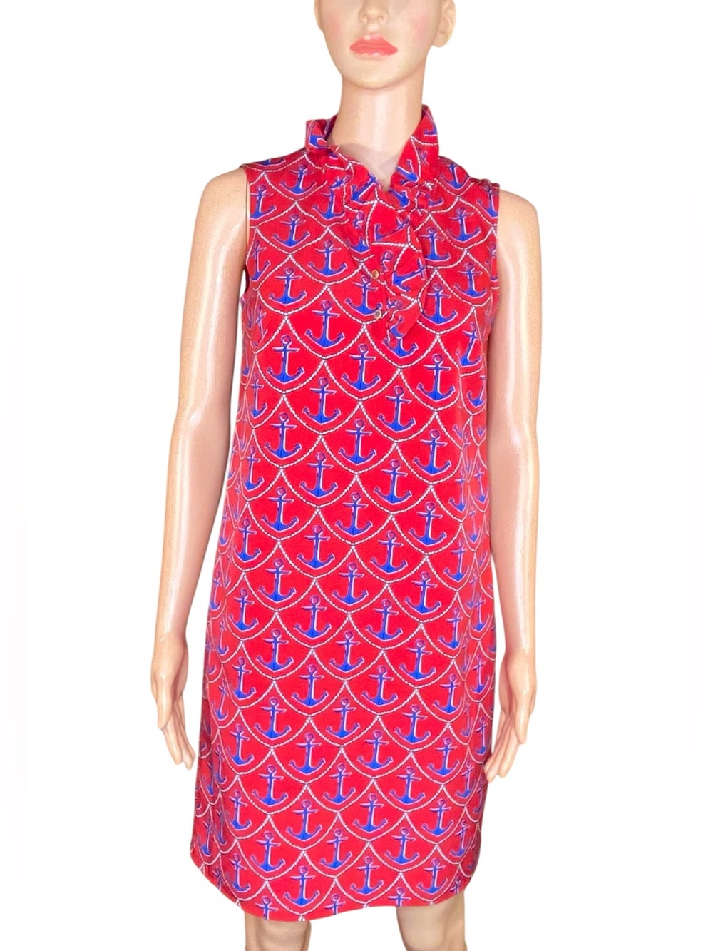 Talbots Sleeveless Dress Nautical Red White Blue Anchor Print Knee Length SZ 2P